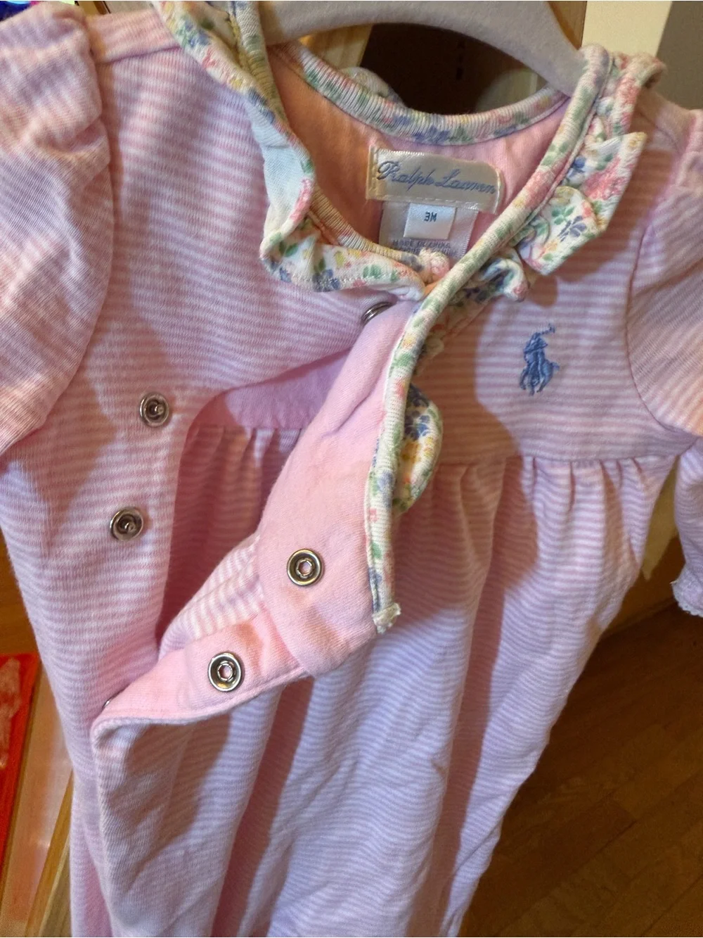 Ralph Lauren Baby Girls Pink Stripe Floral Ruffle Footless Romper 3M Pony Logo